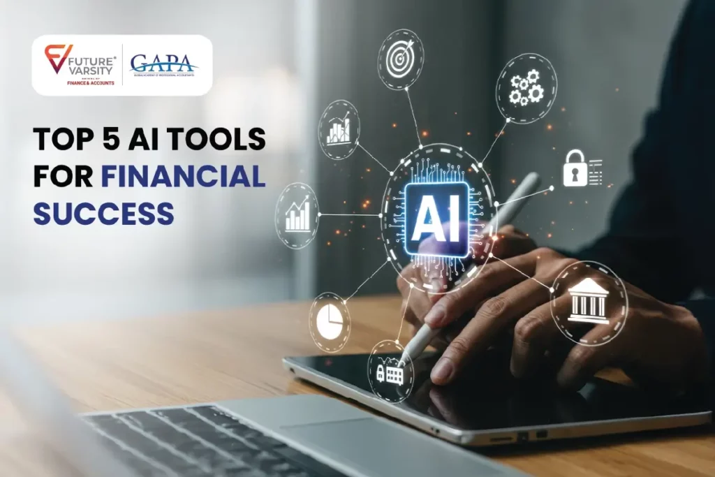 Person using digital AI tools for financial success with Future Varsity and GAPA branding.